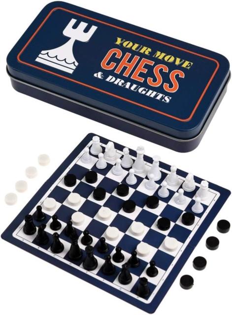 Travel chess and draughts game in a tin Travel chess and draughts game in a tin