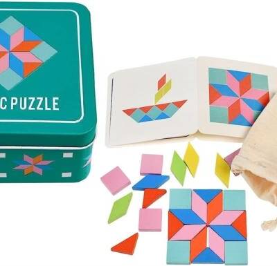 Wooden mosaic puzzle in a tin