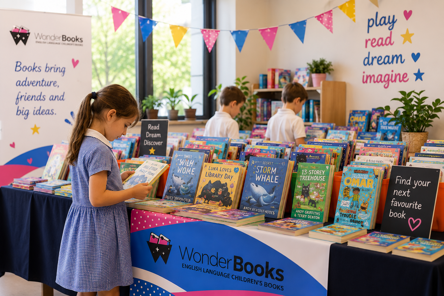Children browsing books at a WonderBooks book fair